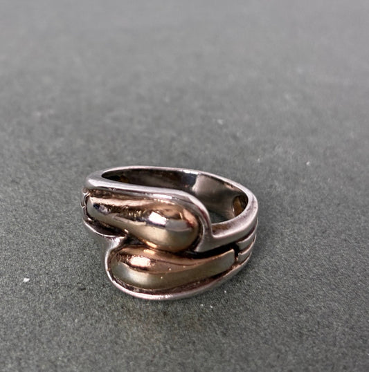 950 Silver 14K Gold Overlay Two-Tone Modernist Ring — Size 5.5