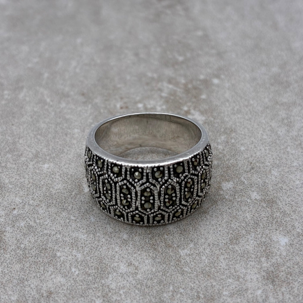 Sterling Marcasite-Encrusted Bold Band Ring — Size 7.25
