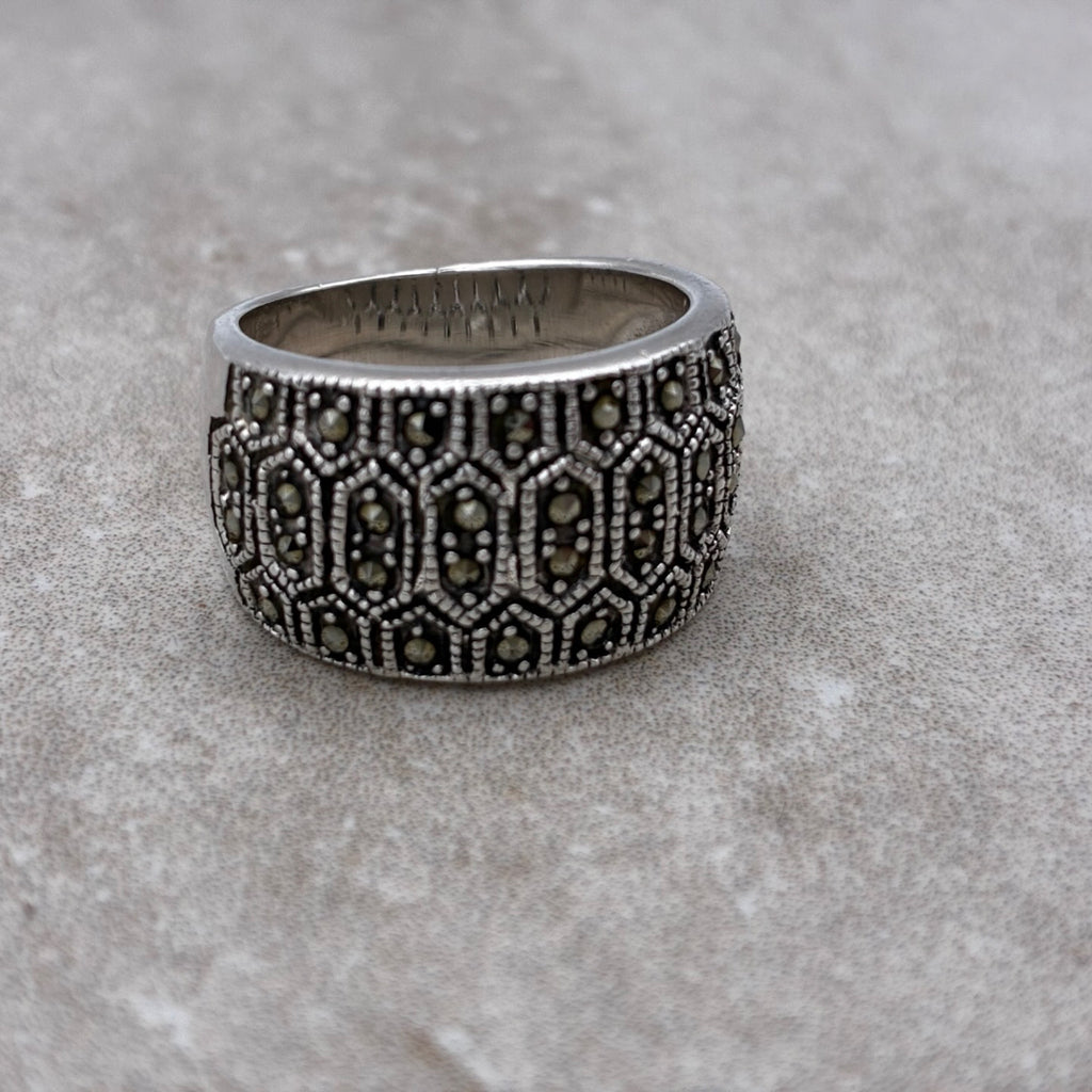 Sterling Marcasite-Encrusted Bold Band Ring — Size 7.25