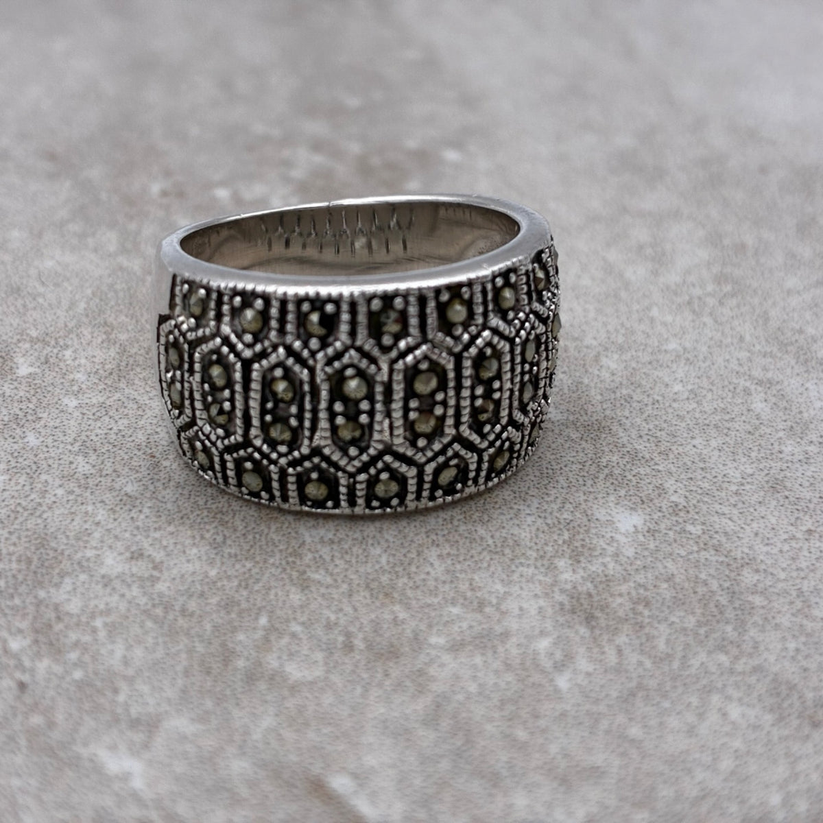 Sterling Marcasite-Encrusted Bold Band Ring — Size 7.25