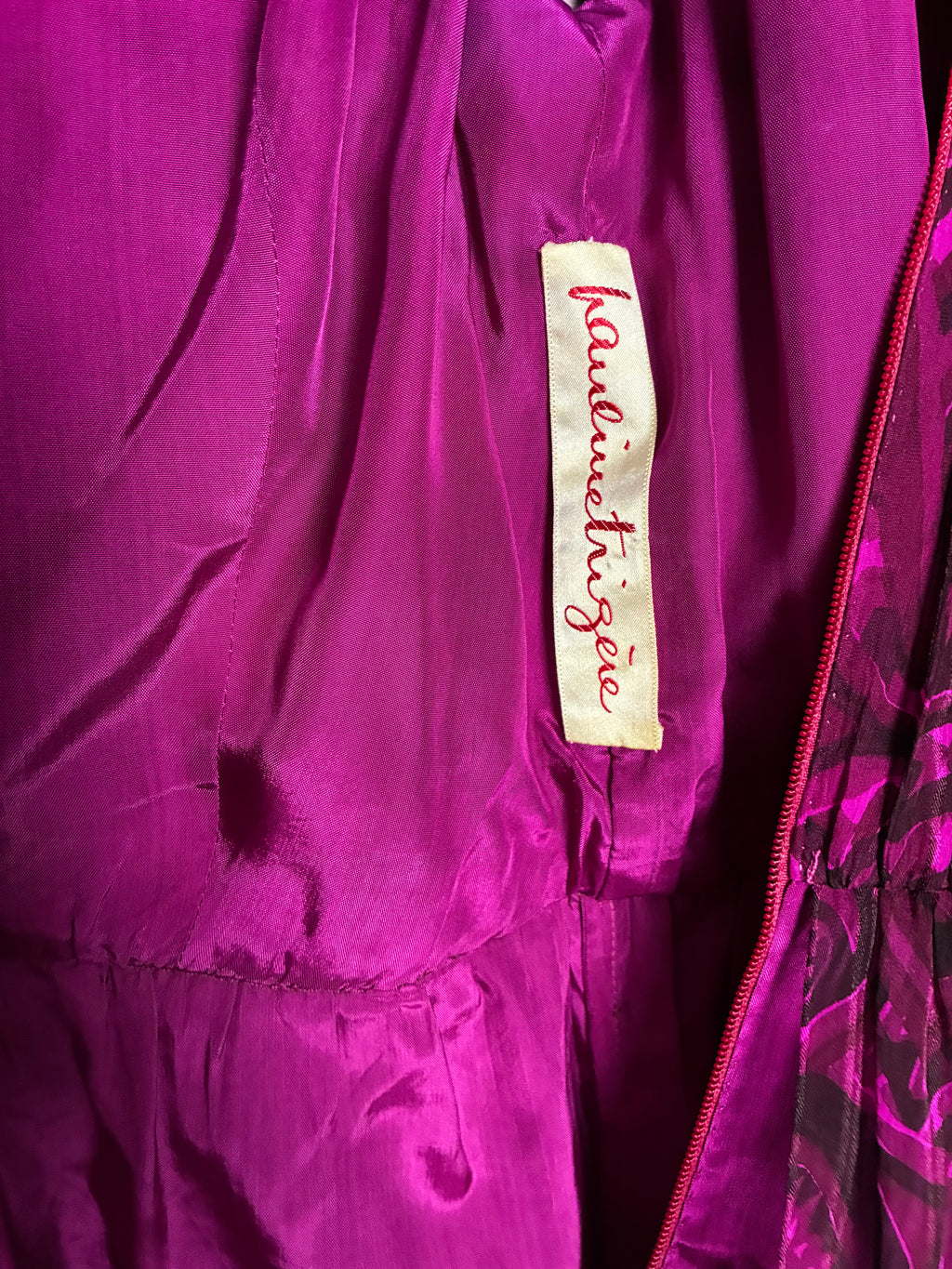 Archival Pauline Trigère for I. Magnin Magenta Paisley Pleated Midi Dress