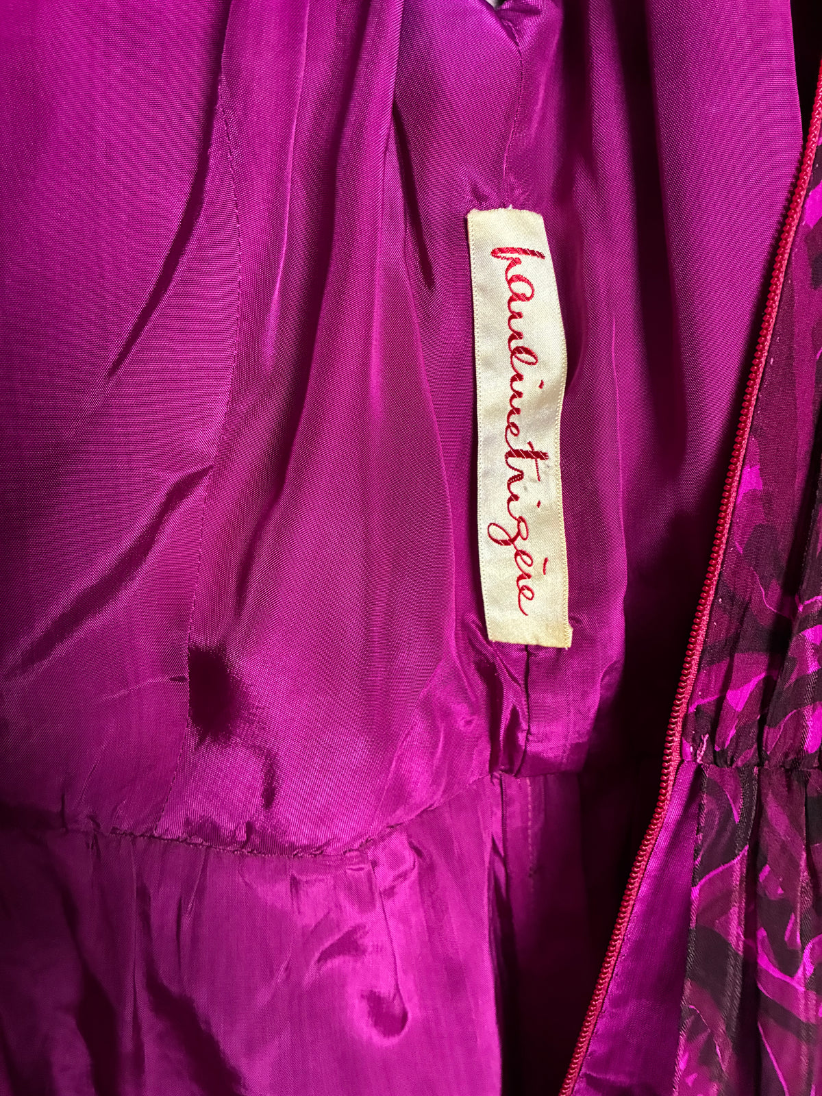 Archival Pauline Trigère for I. Magnin Magenta Paisley Pleated Midi Dress