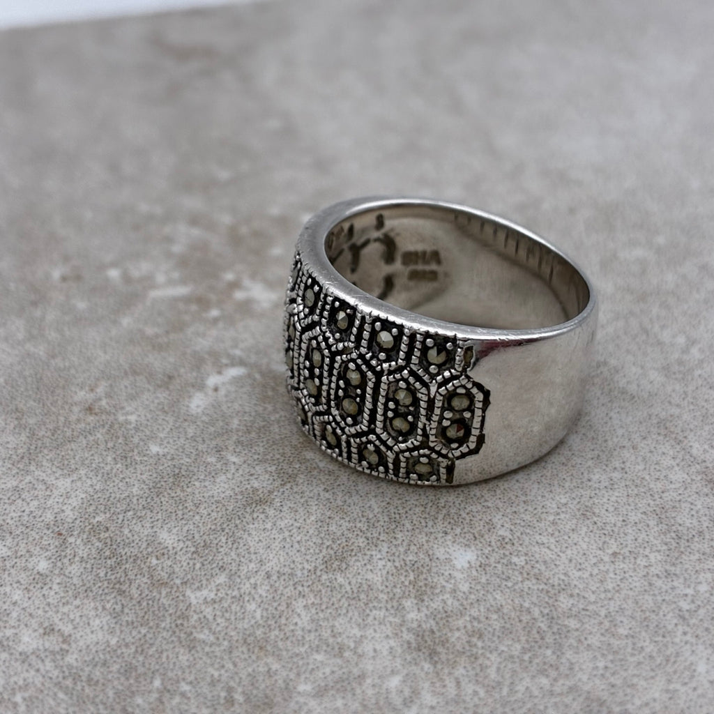 Sterling Marcasite-Encrusted Bold Band Ring — Size 7.25