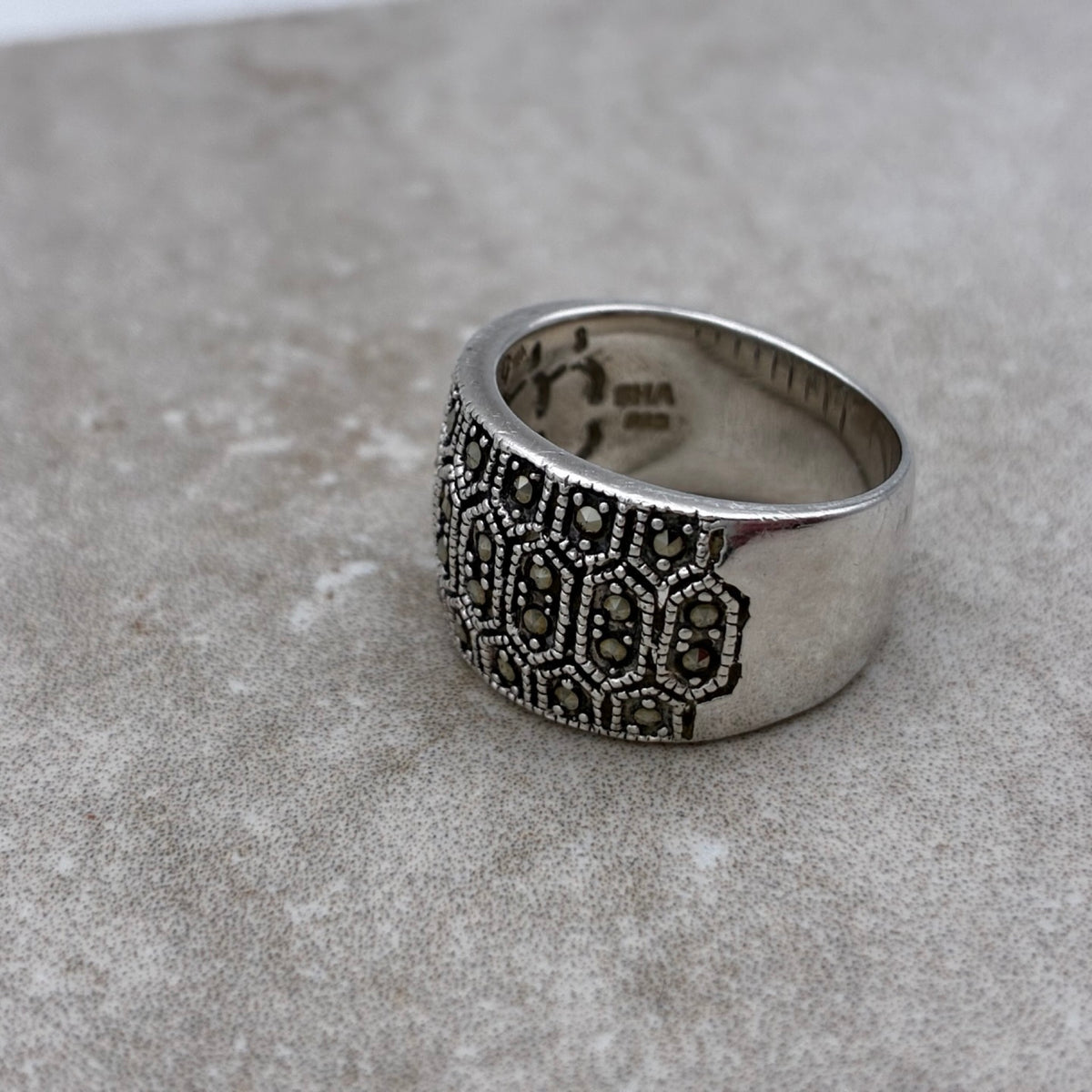 Sterling Marcasite-Encrusted Bold Band Ring — Size 7.25