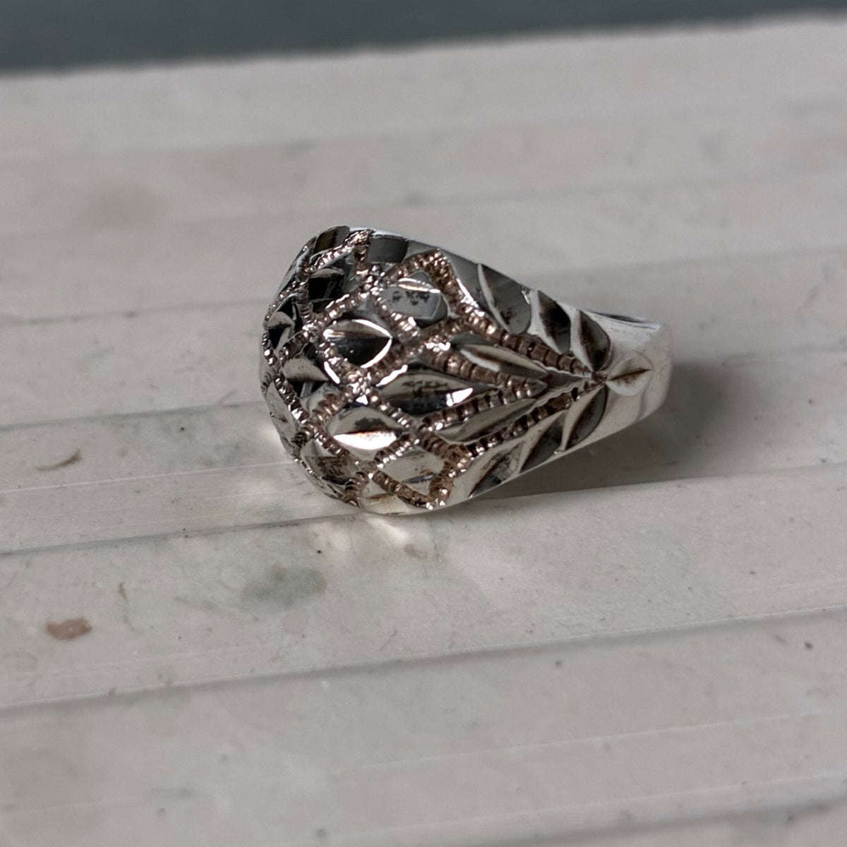 Sterling Diamond-Cut Domed Ring — Size 5.75