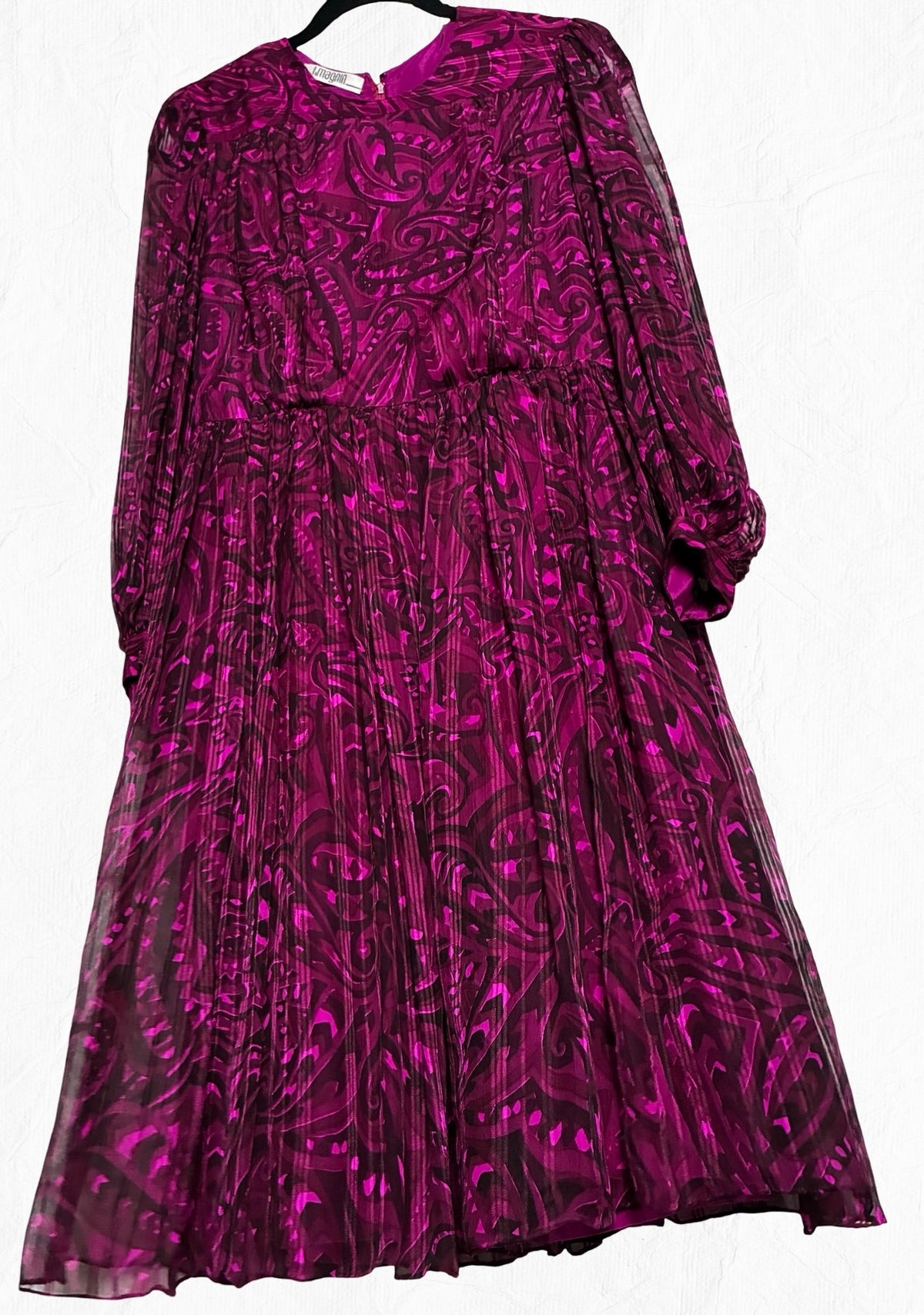 Archival Pauline Trigère for I. Magnin Magenta Paisley Pleated Midi Dress