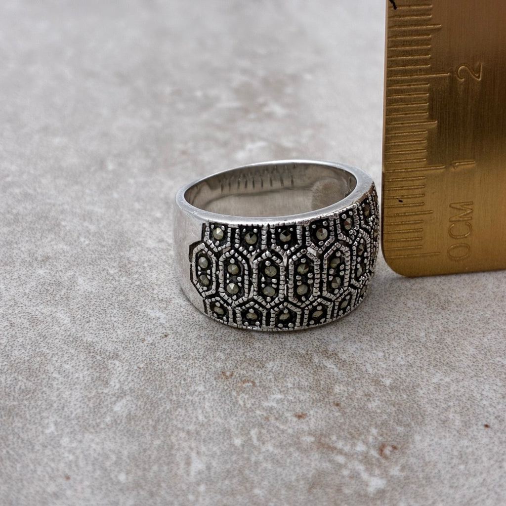 Sterling Marcasite-Encrusted Bold Band Ring — Size 7.25