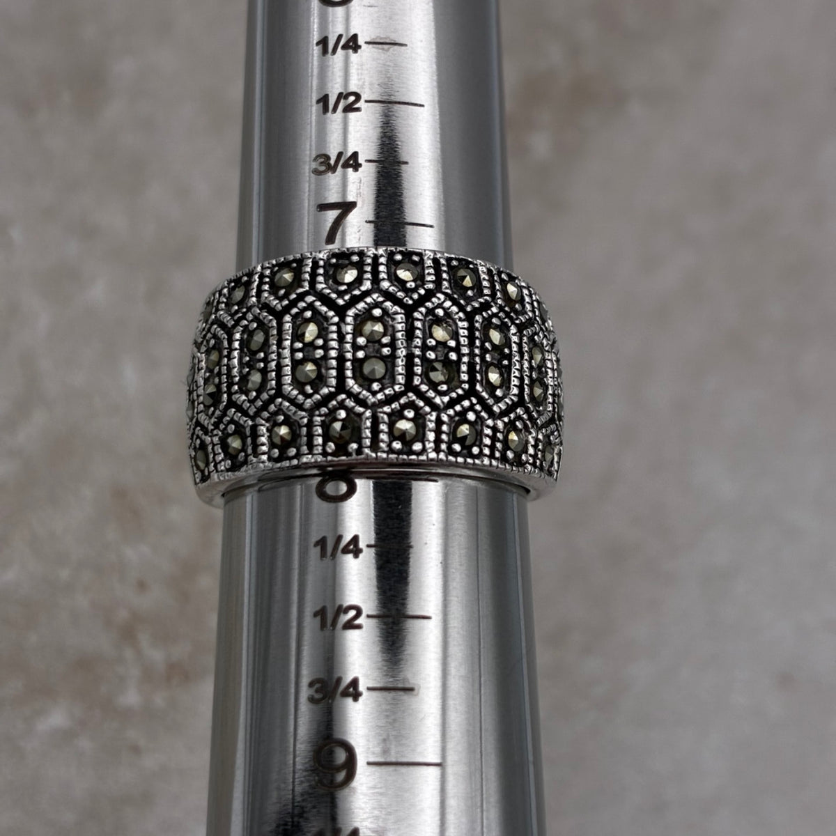 Sterling Marcasite-Encrusted Bold Band Ring — Size 7.25