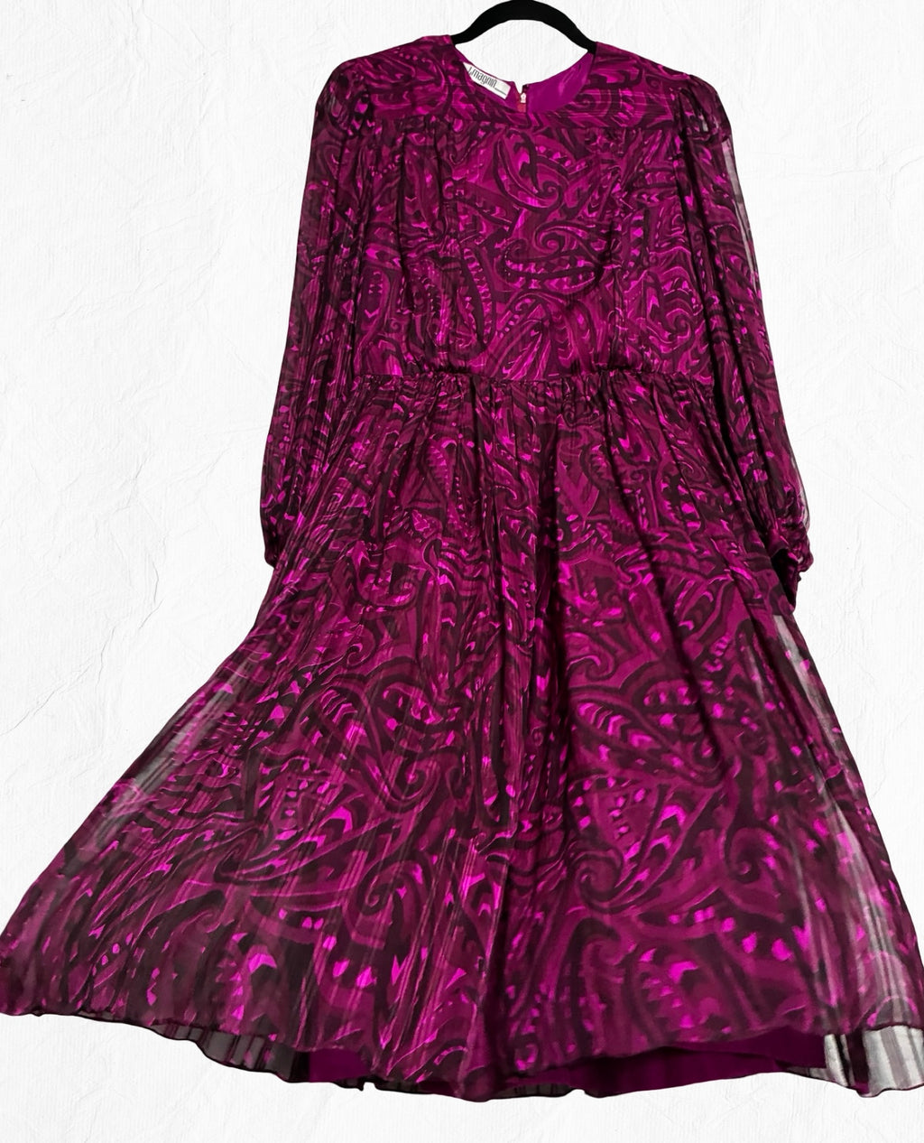 Archival Pauline Trigère for I. Magnin Magenta Paisley Pleated Midi Dress