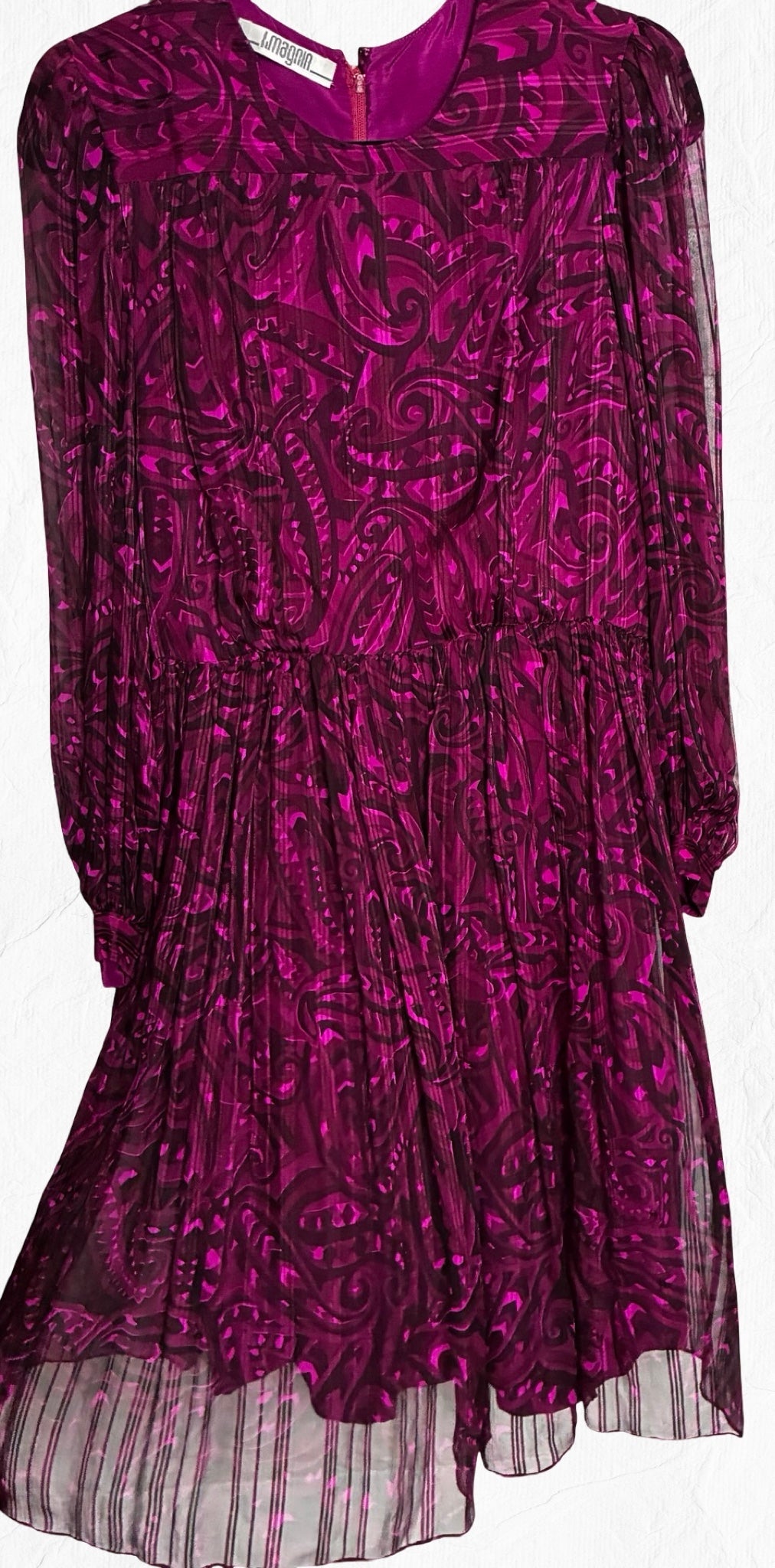Archival Pauline Trigère for I. Magnin Magenta Paisley Pleated Midi Dress