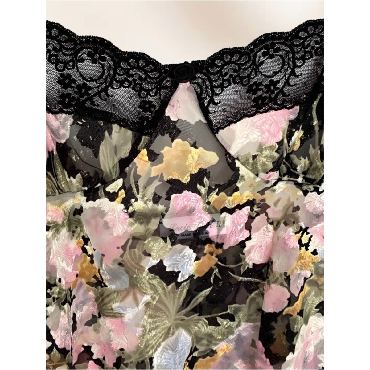 Lucie Ann II Floral Satin Slip with Black Lace Trim M/L