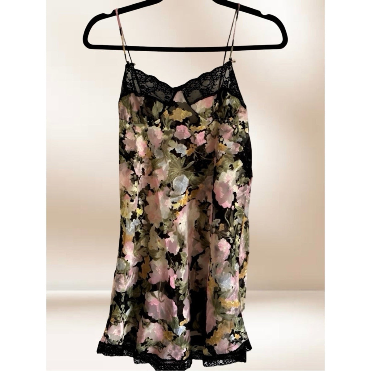 Lucie Ann II Floral Satin Slip with Black Lace Trim M/L