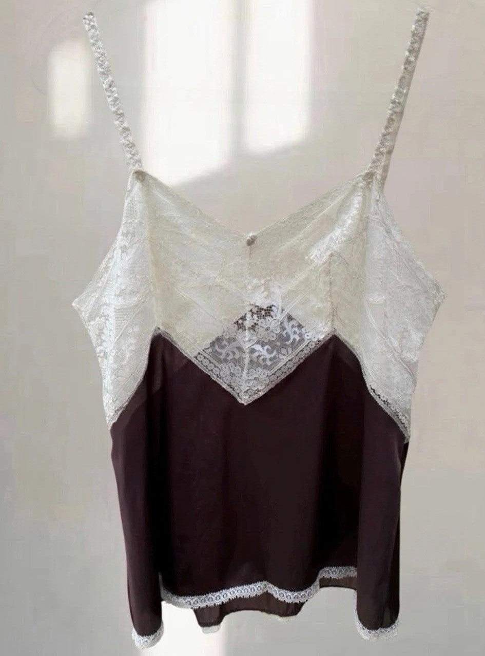 Vassarette Chocolate Brown Vintage Tricot Nylon Ivory Lace Cami Top