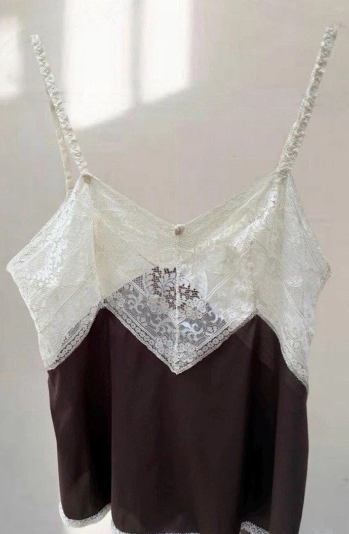 Vassarette Chocolate Brown Vintage Tricot Nylon Ivory Lace Cami Top