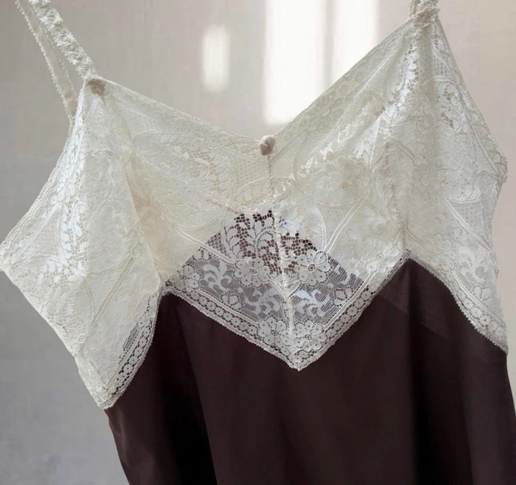 Vassarette Chocolate Brown Vintage Tricot Nylon Ivory Lace Cami Top