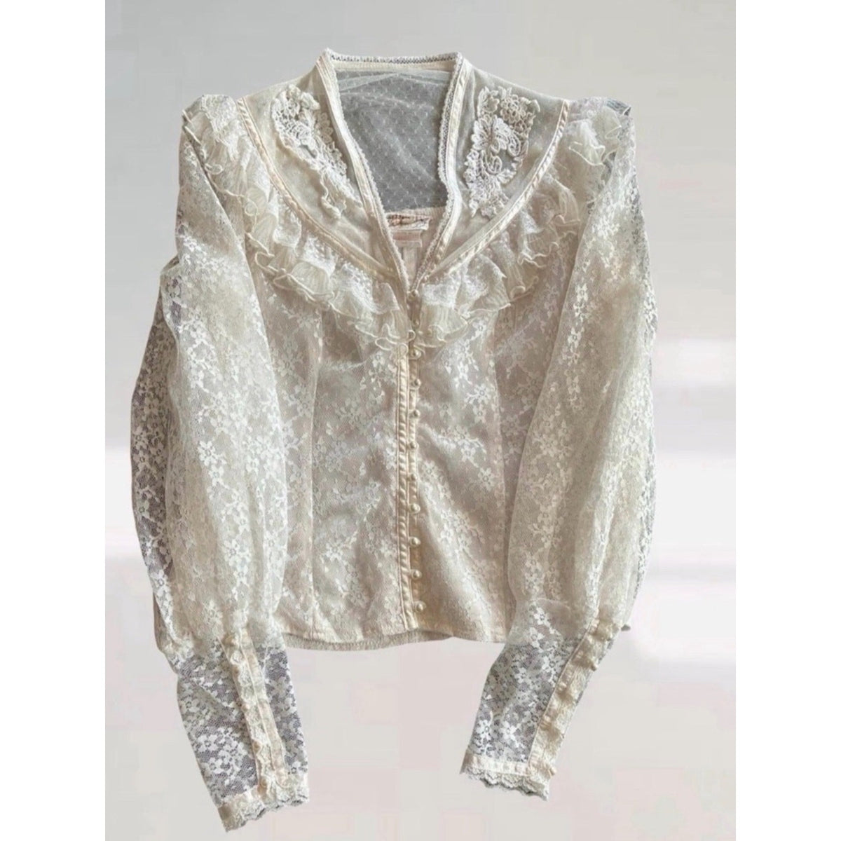 Vintage Jessica McClintock Gunnies Victorian Lace Ivory Blouse Size 7