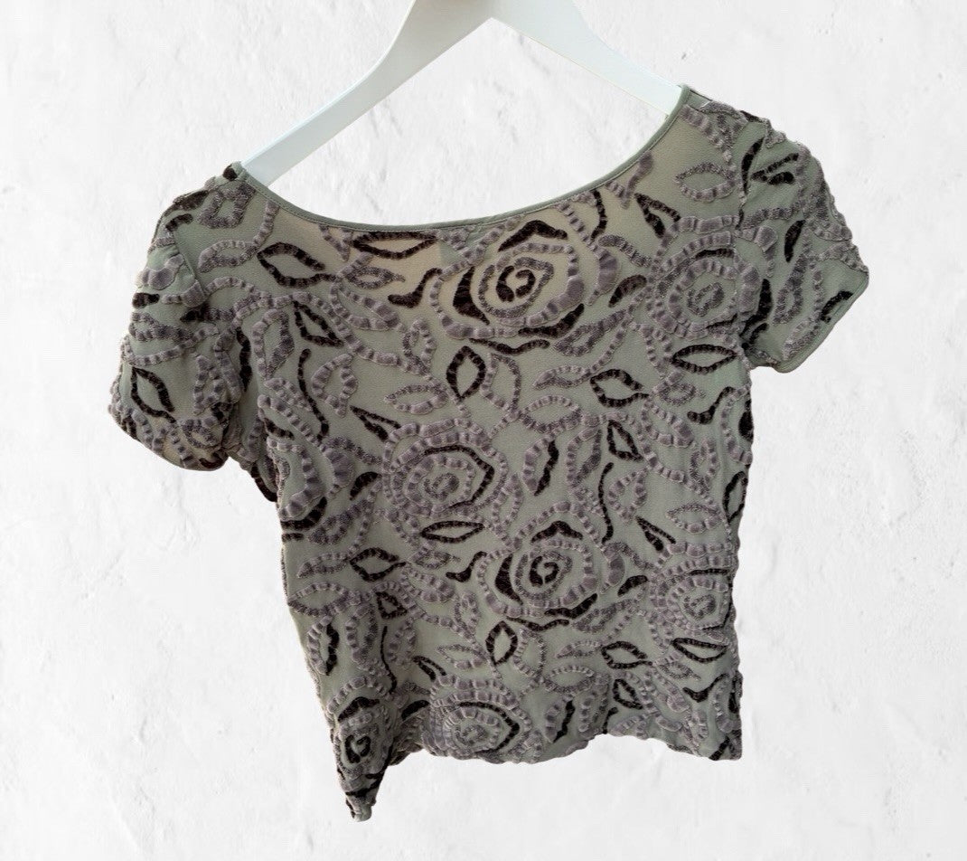 Vintage Y2K Armani Collezioni Velvet Burnout Stretch Mesh Baby Tee Made in Italy