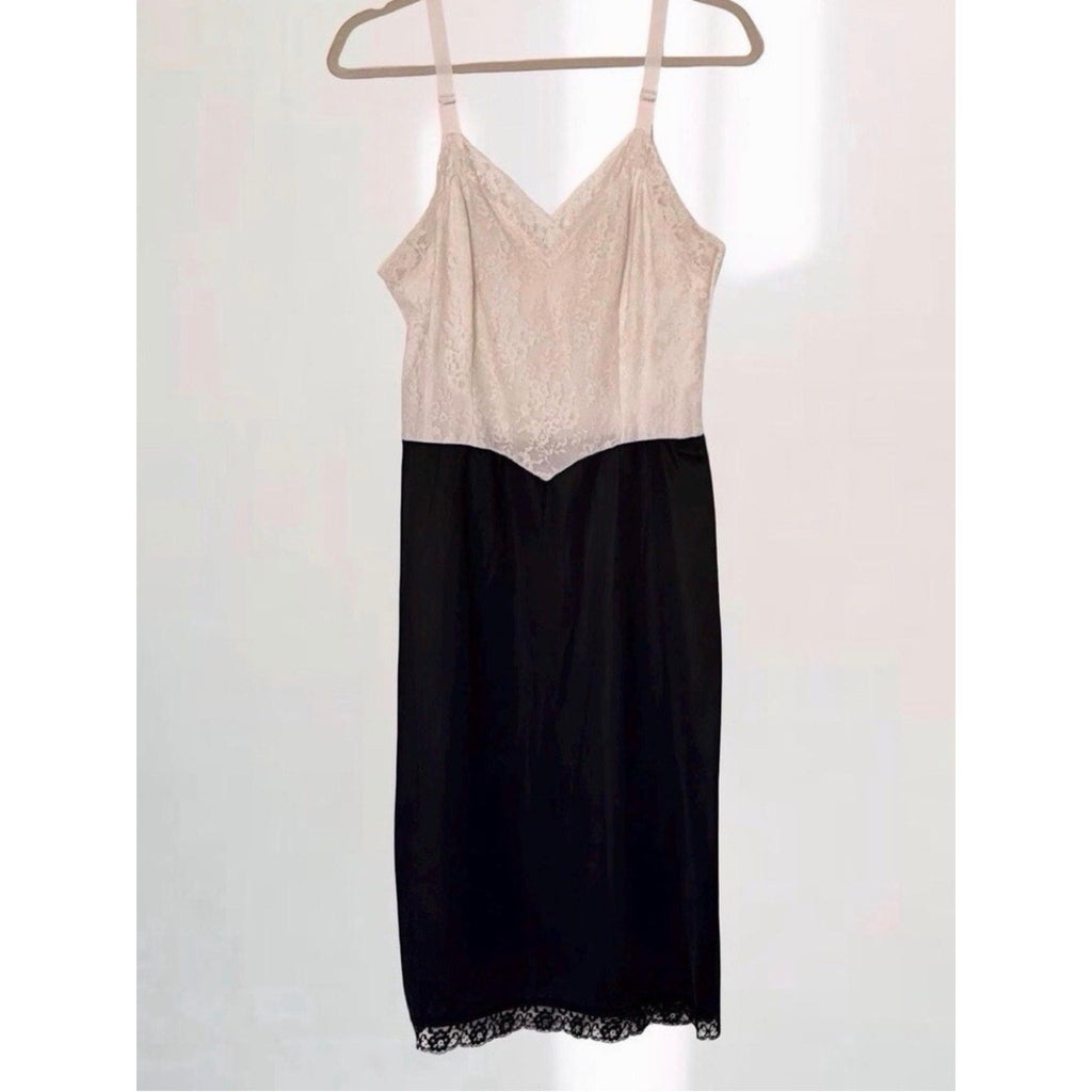 Vintage Van Raalte Black & Ivory Lace Nylon Slip Dress Made in USA
