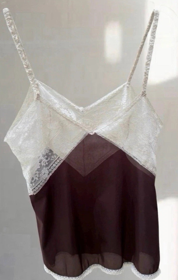 Vassarette Chocolate Brown Vintage Tricot Nylon Ivory Lace Cami Top