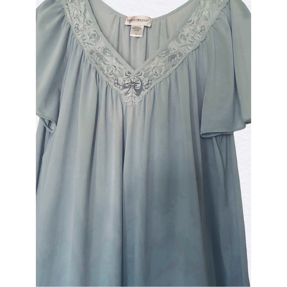 Shadowline Vintage Sky Blue Nylon Nightgown with Lace Flutter Sleeve Size M