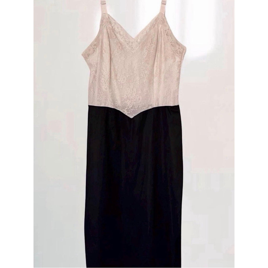 Vintage Van Raalte Black & Ivory Lace Nylon Slip Dress Made in USA