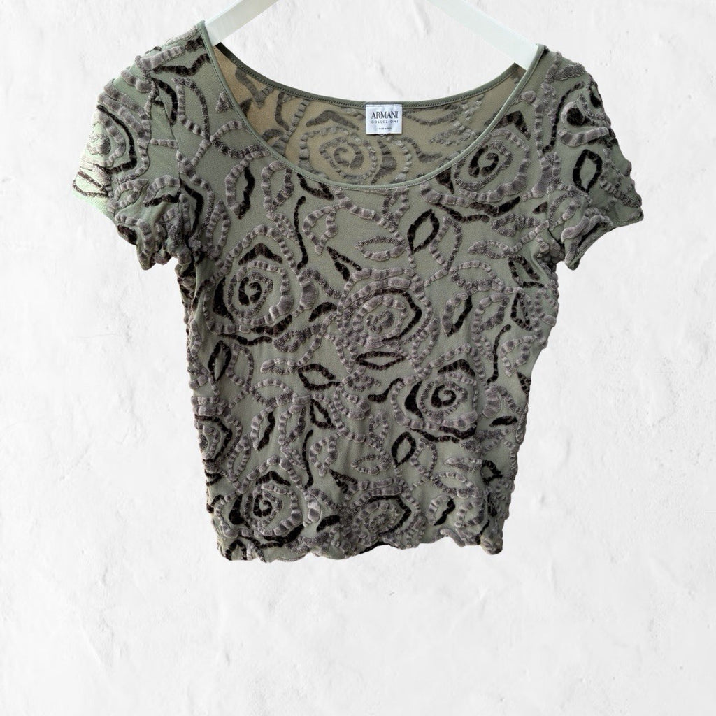 Vintage Y2K Armani Collezioni Velvet Burnout Stretch Mesh Baby Tee Made in Italy