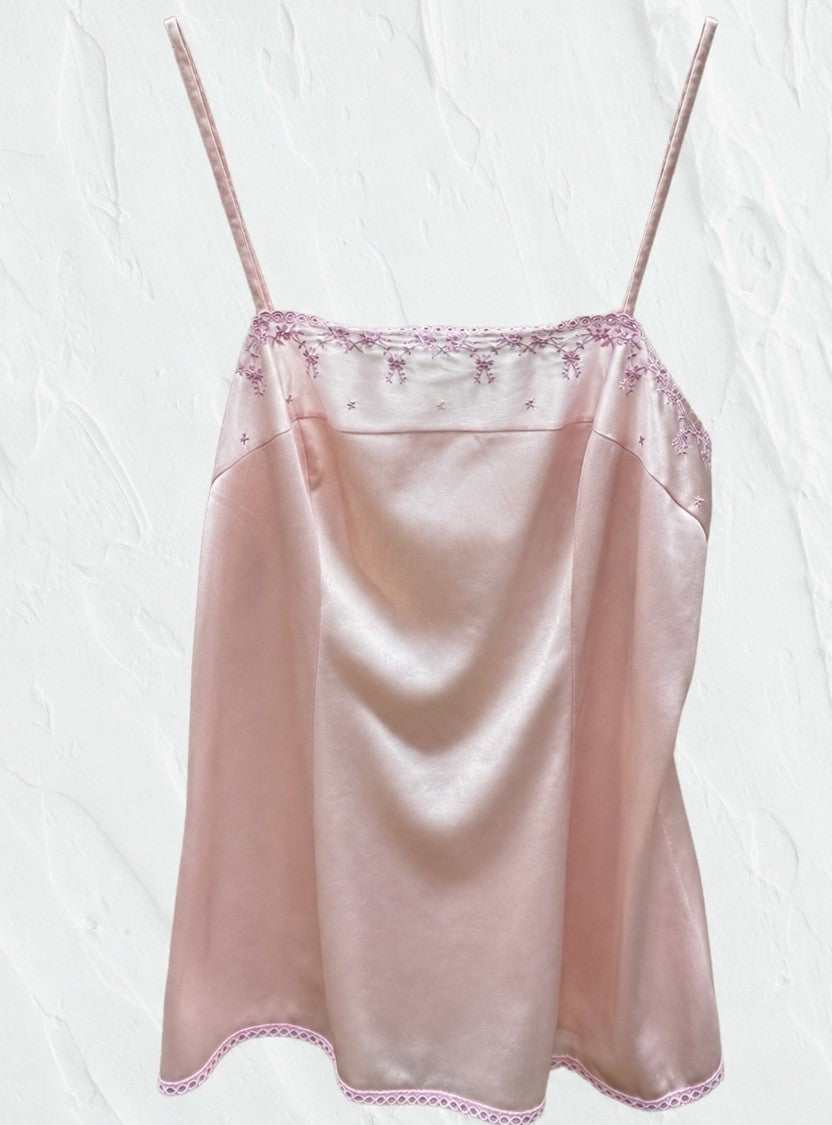 Vintage Triumph Embroidered Yoke Pink Satin Camisole Made in Austria