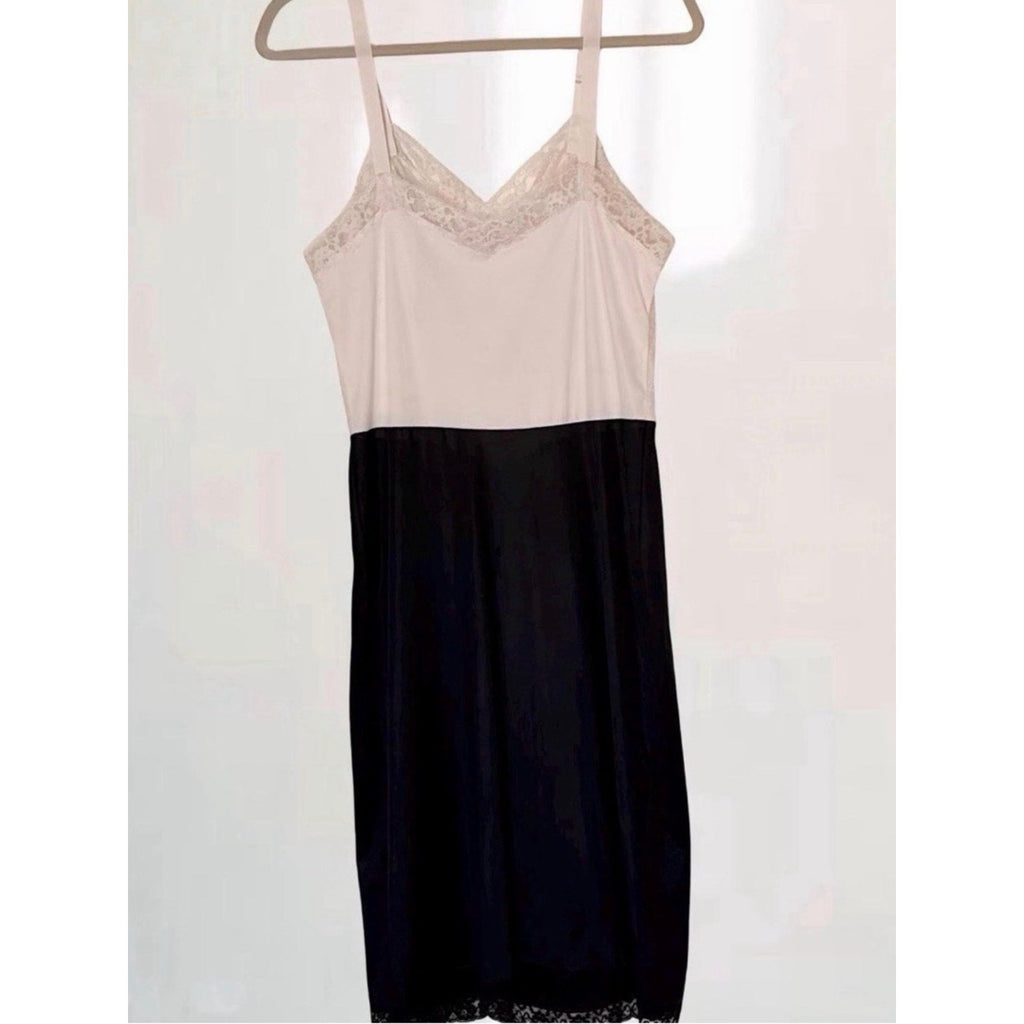 Vintage Van Raalte Black & Ivory Lace Nylon Slip Dress Made in USA