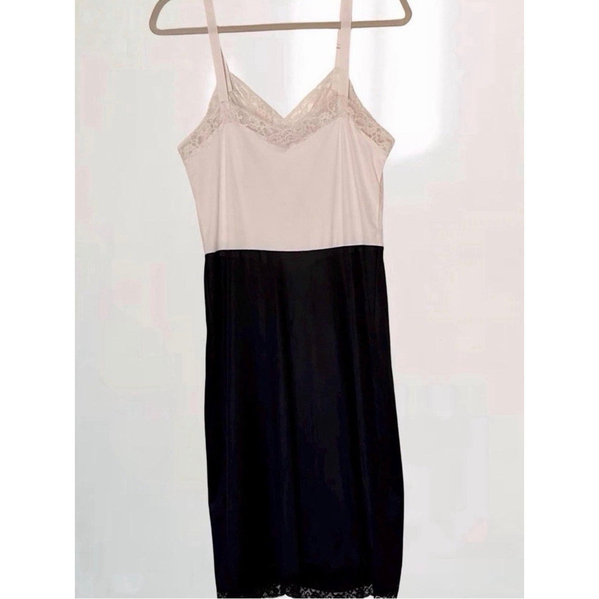 Vintage Van Raalte Black & Ivory Lace Nylon Slip Dress Made in USA