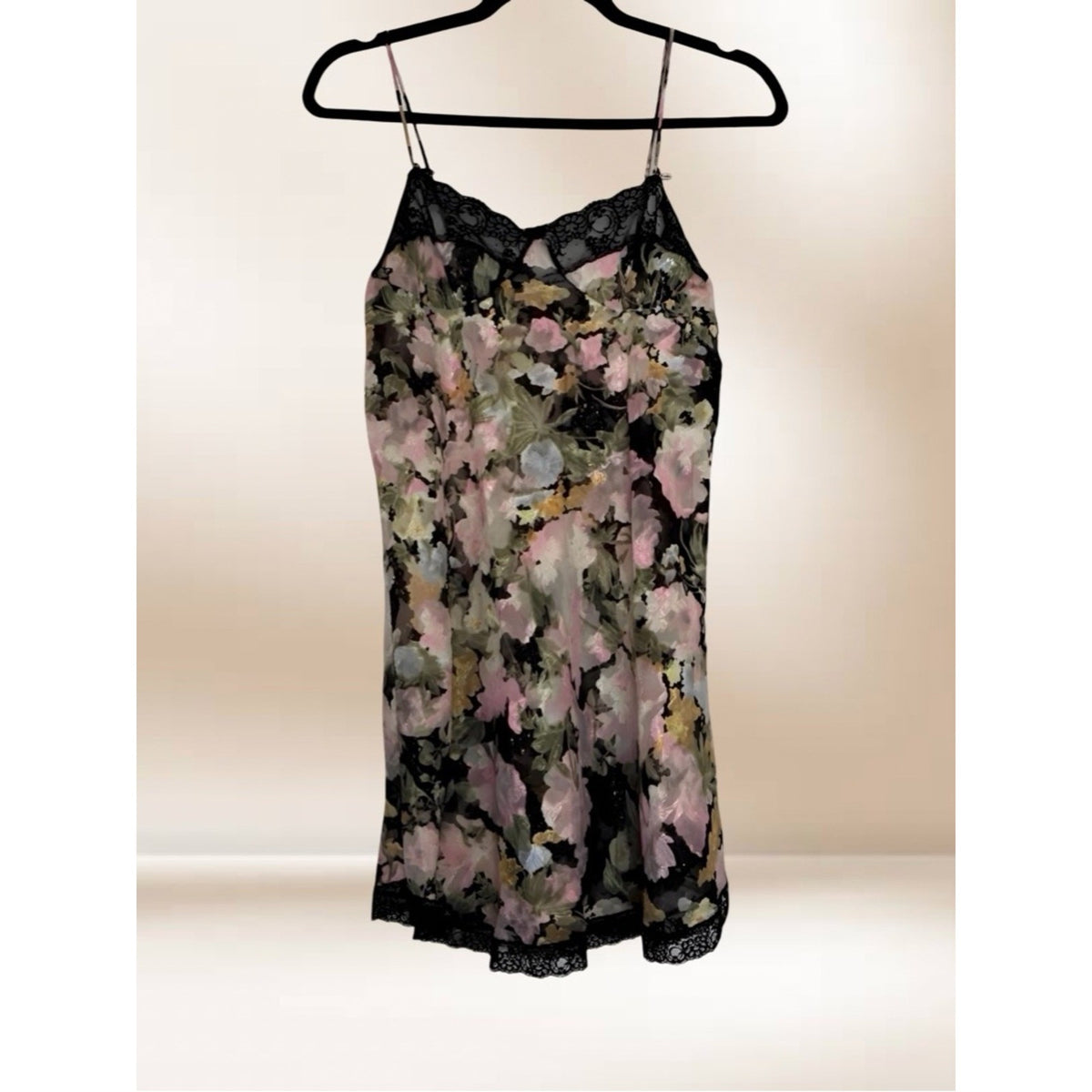 Lucie Ann II Floral Satin Slip with Black Lace Trim M/L