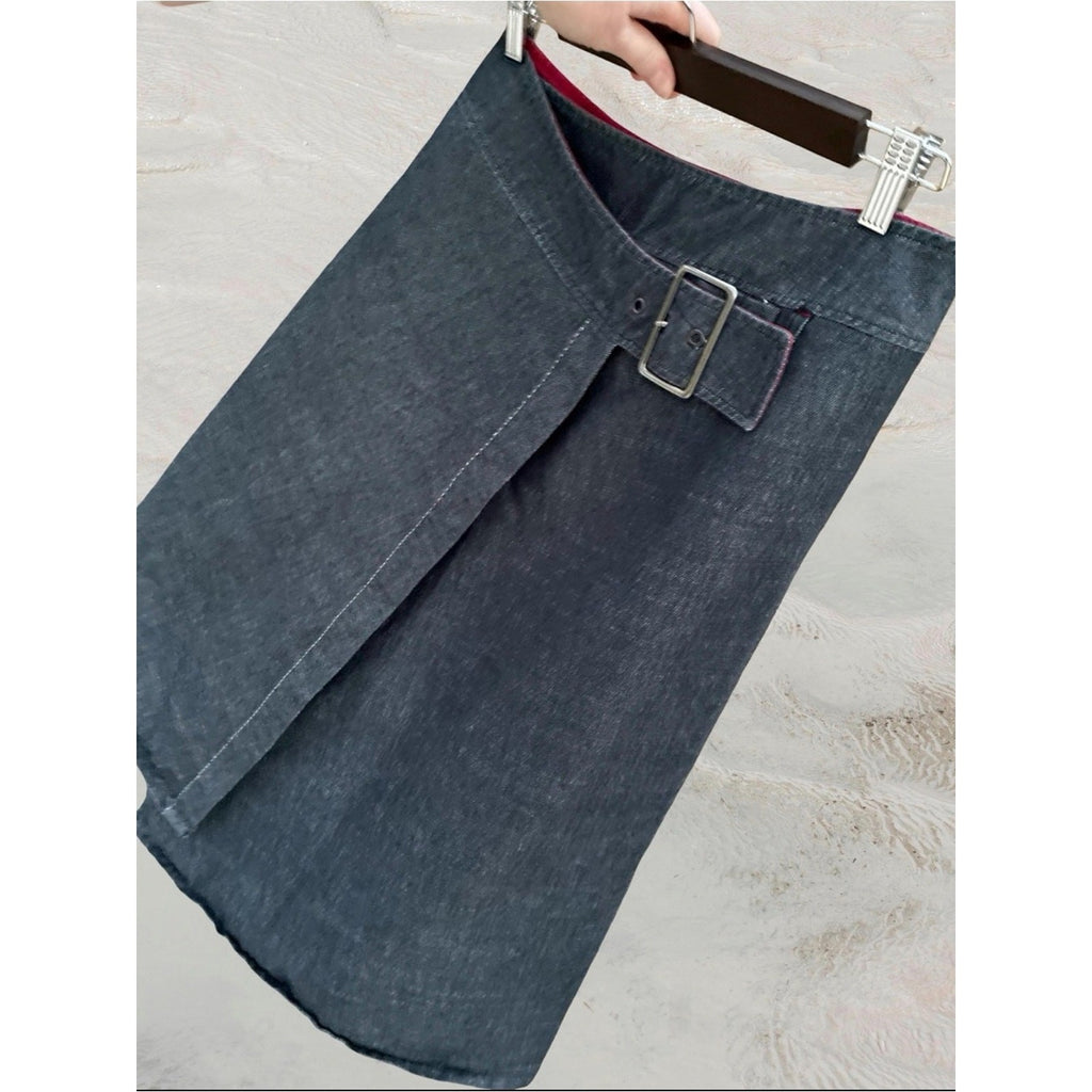 Vintage Cop. Copine Paris Denim Wrap Midi Skirt Buckle Asymmetrical France