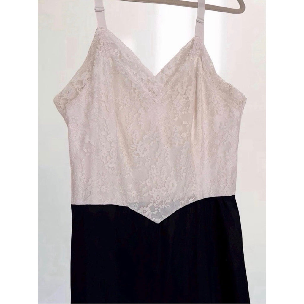 Vintage Van Raalte Black & Ivory Lace Nylon Slip Dress Made in USA