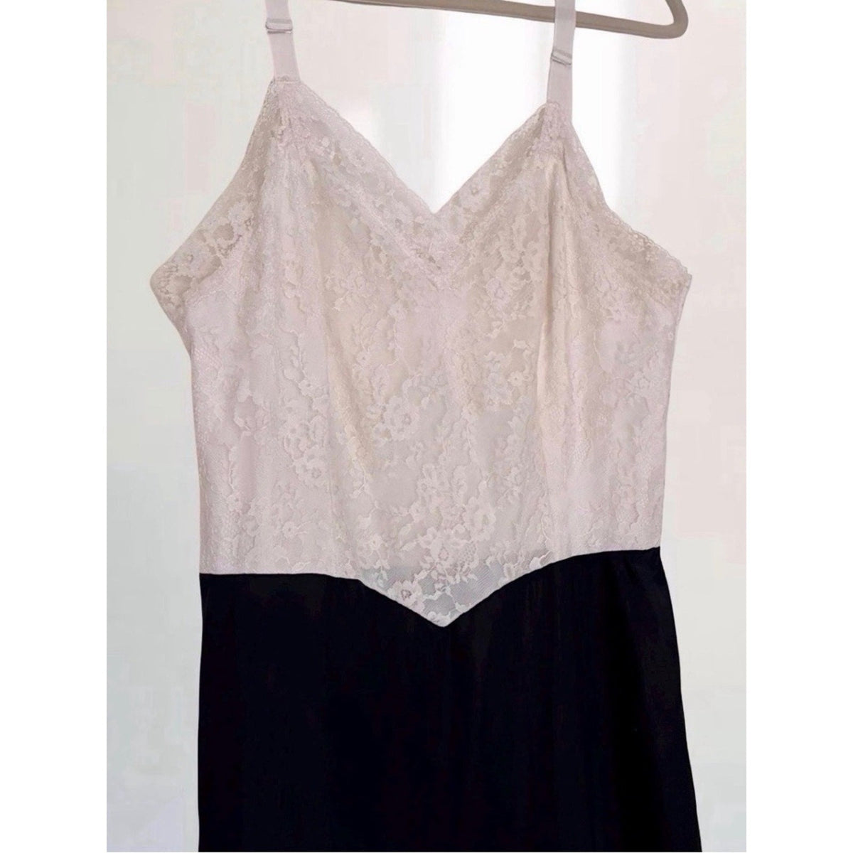 Vintage Van Raalte Black & Ivory Lace Nylon Slip Dress Made in USA