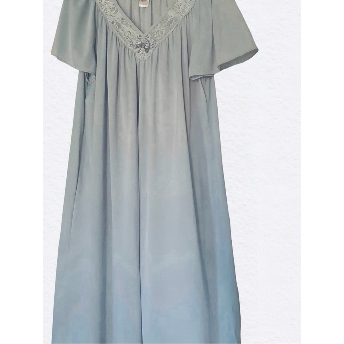 Shadowline Vintage Sky Blue Nylon Nightgown with Lace Flutter Sleeve Size M