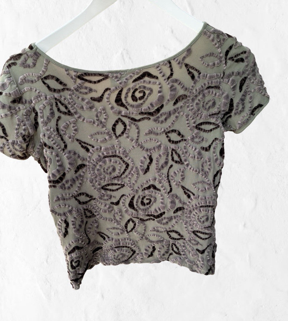 Vintage Y2K Armani Collezioni Velvet Burnout Stretch Mesh Baby Tee Made in Italy