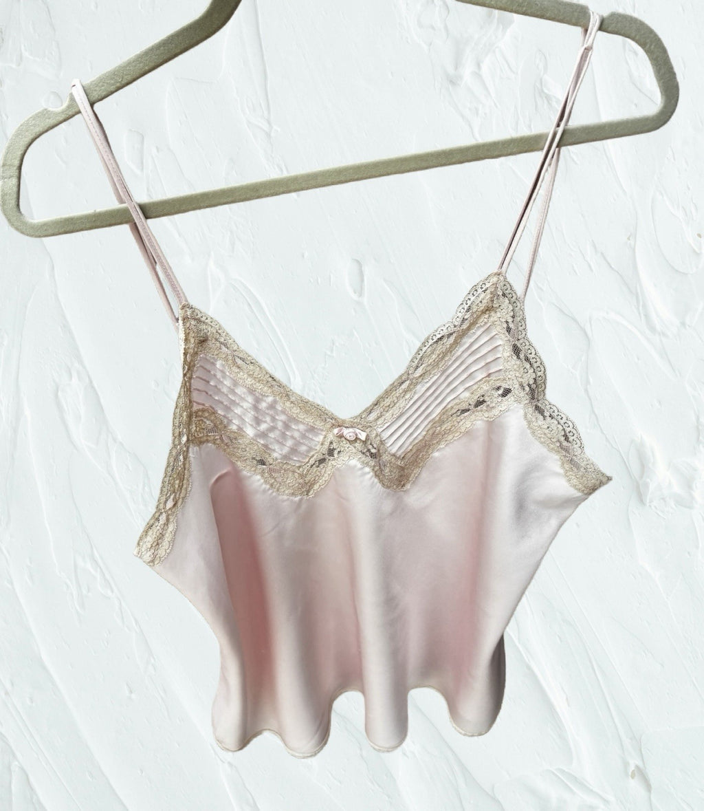 Vintage Miss Elaine Blush Pink Satin Lace Camisole Pintuck Lingerie