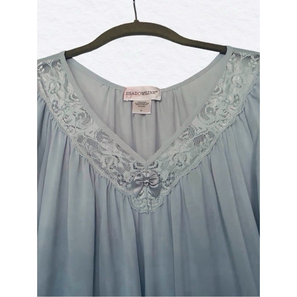 Shadowline Vintage Sky Blue Nylon Nightgown with Lace Flutter Sleeve Size M