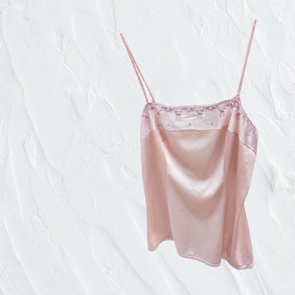 Vintage Triumph Embroidered Yoke Pink Satin Camisole Made in Austria