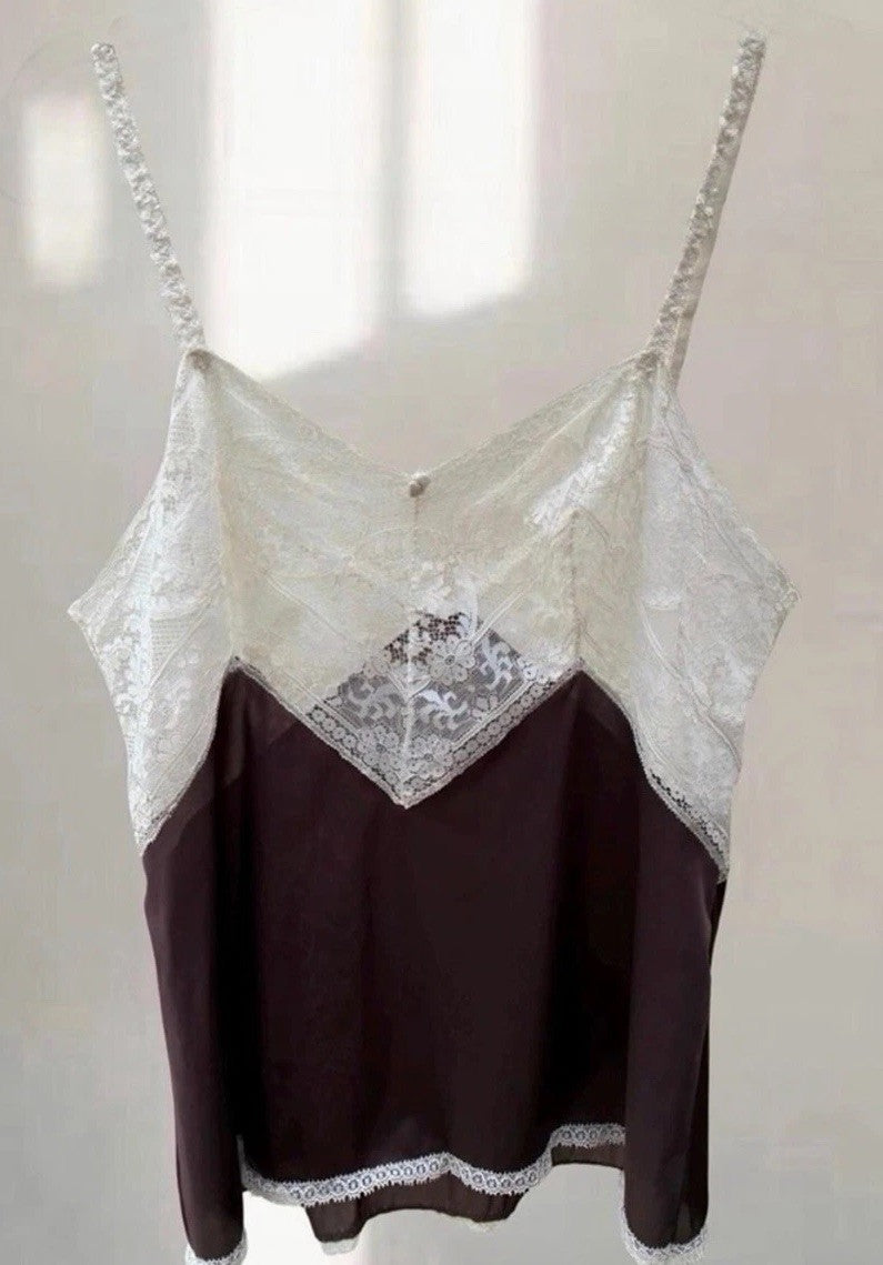Vassarette Chocolate Brown Vintage Tricot Nylon Ivory Lace Cami Top