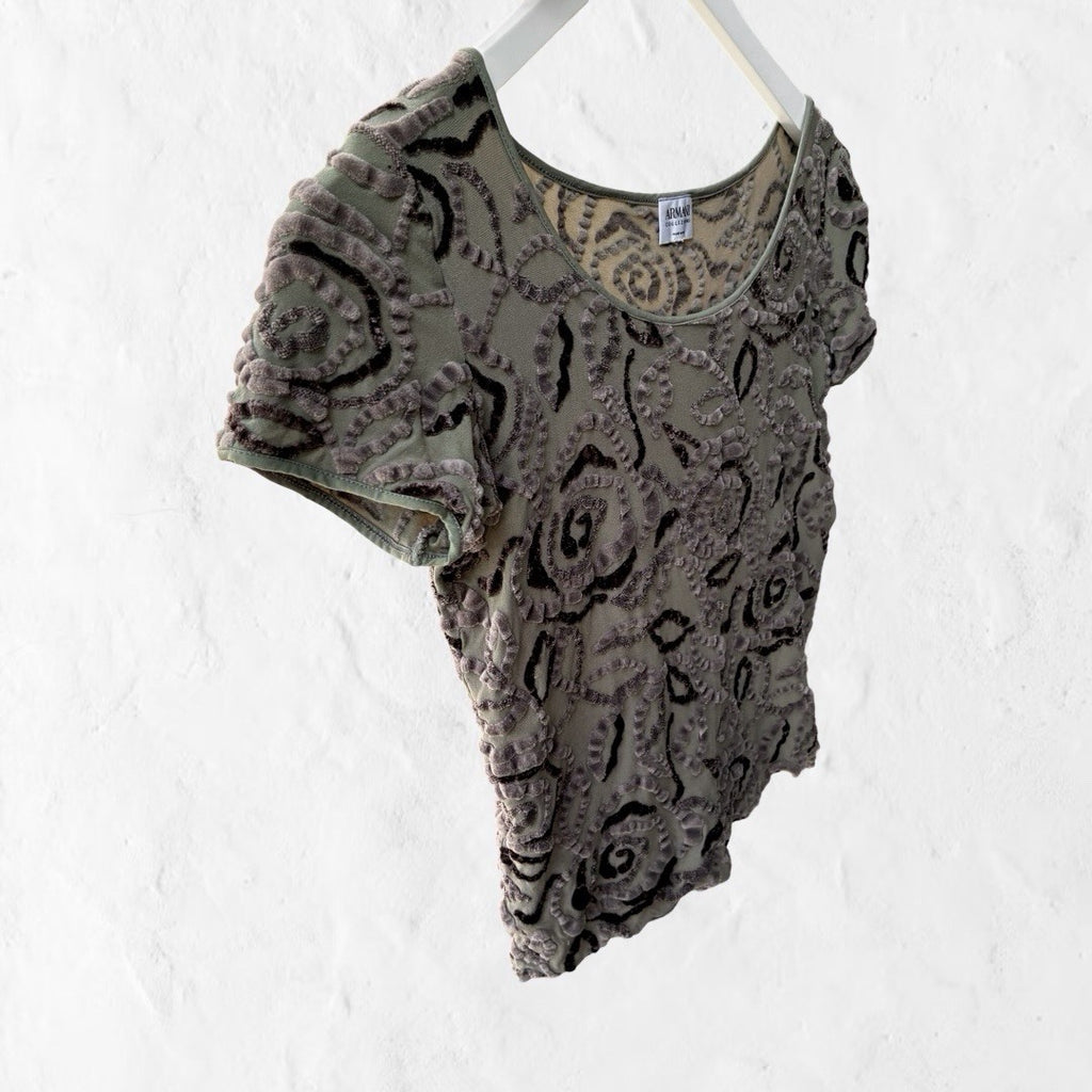 Vintage Y2K Armani Collezioni Velvet Burnout Stretch Mesh Baby Tee Made in Italy