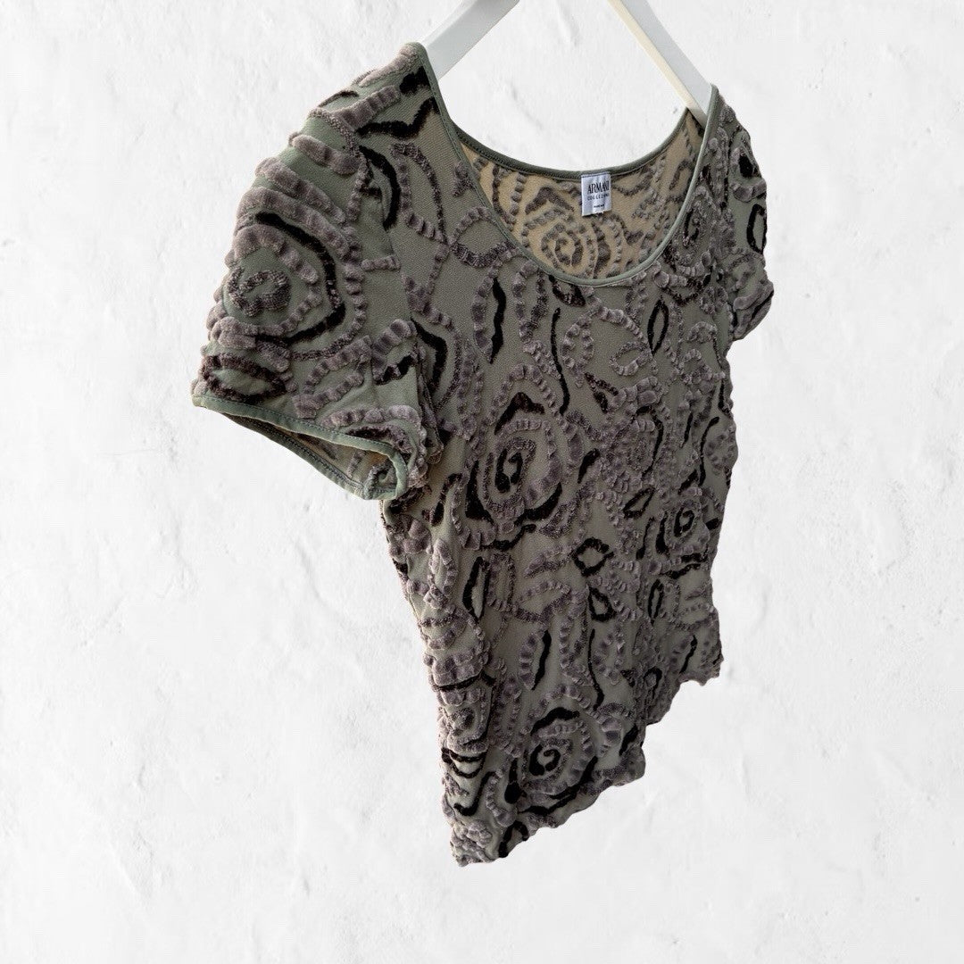Vintage Y2K Armani Collezioni Velvet Burnout Stretch Mesh Baby Tee Made in Italy
