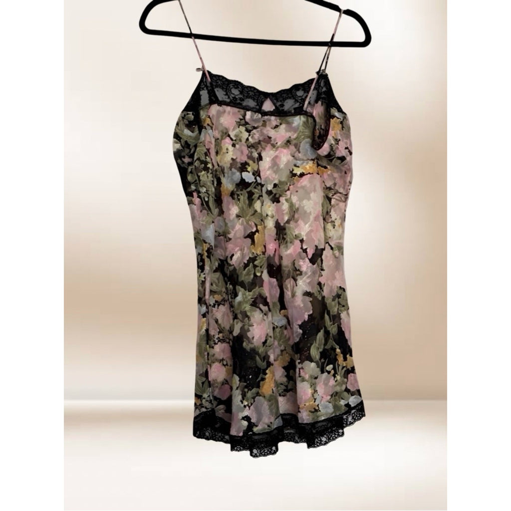 Lucie Ann II Floral Satin Slip with Black Lace Trim M/L