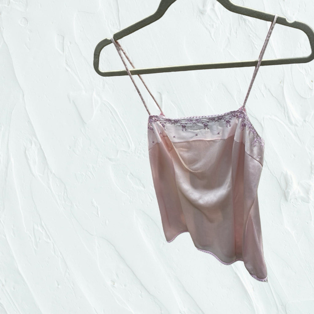 Vintage Triumph Embroidered Yoke Pink Satin Camisole Made in Austria