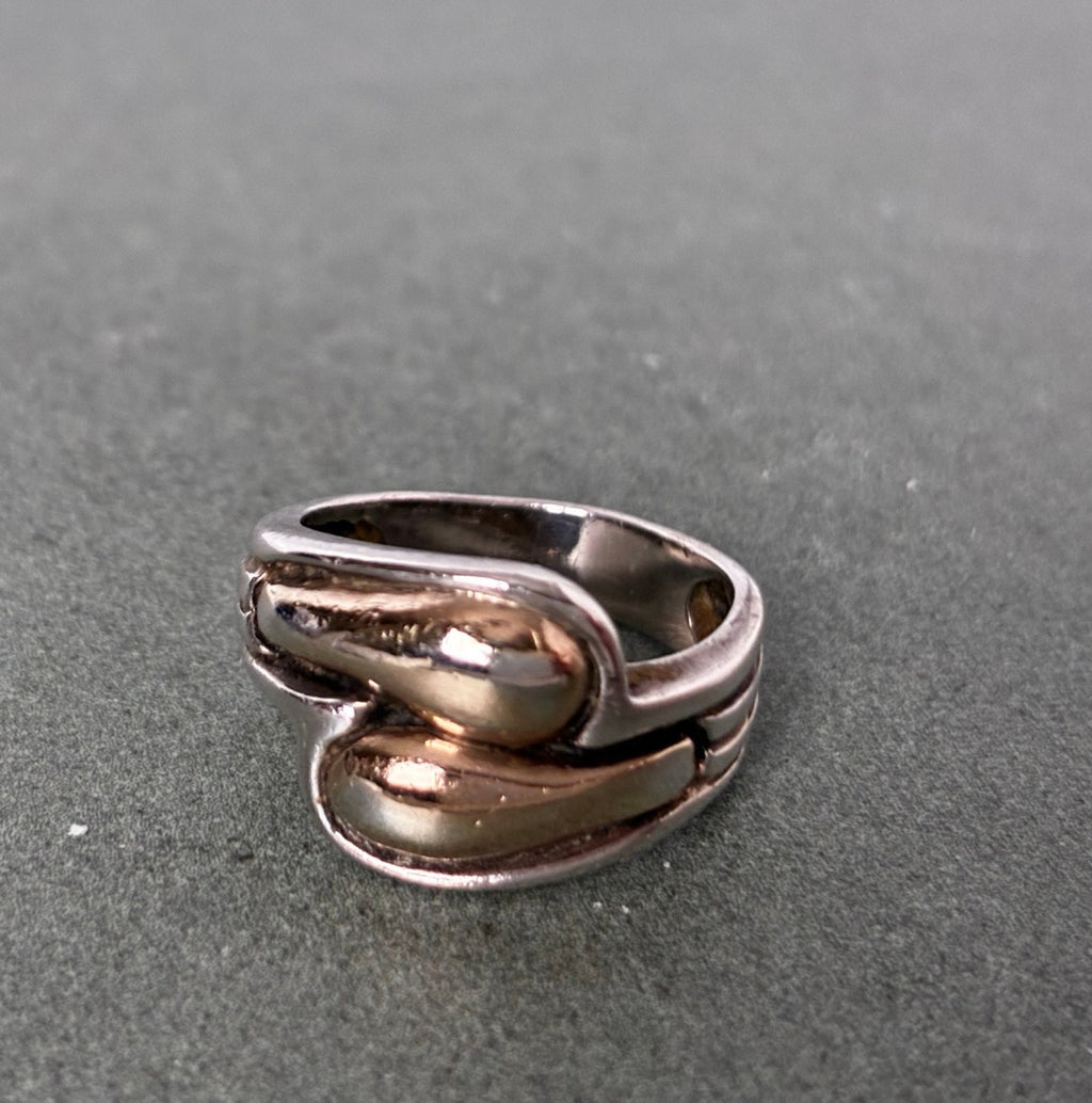 950 Silver 14K Gold Overlay Two-Tone Modernist Ring — Size 5.5
