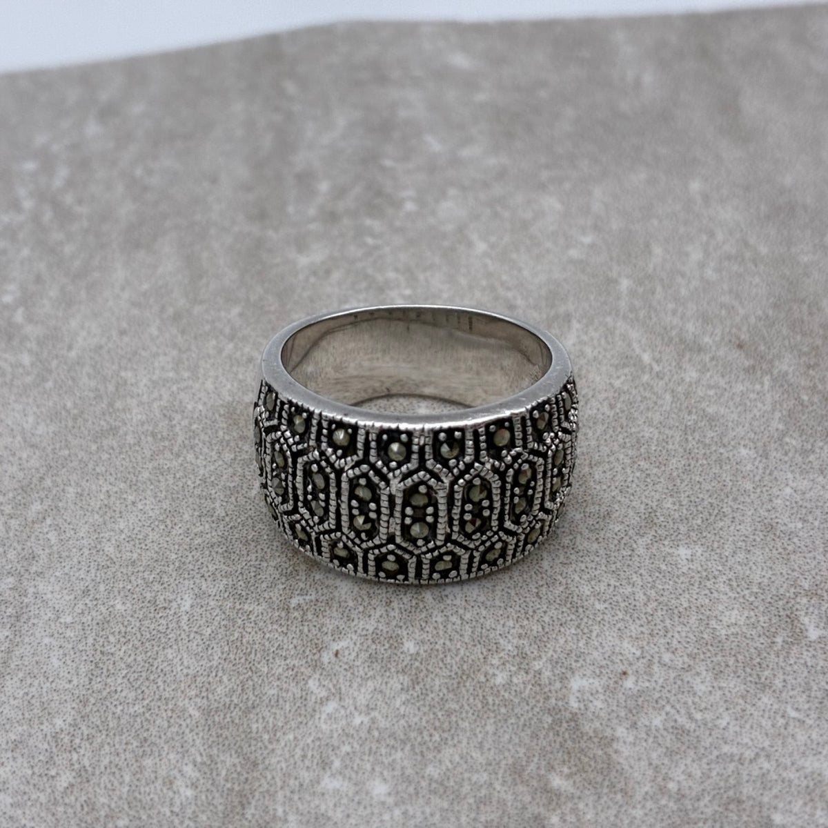 Sterling Marcasite-Encrusted Bold Band Ring — Size 7.25