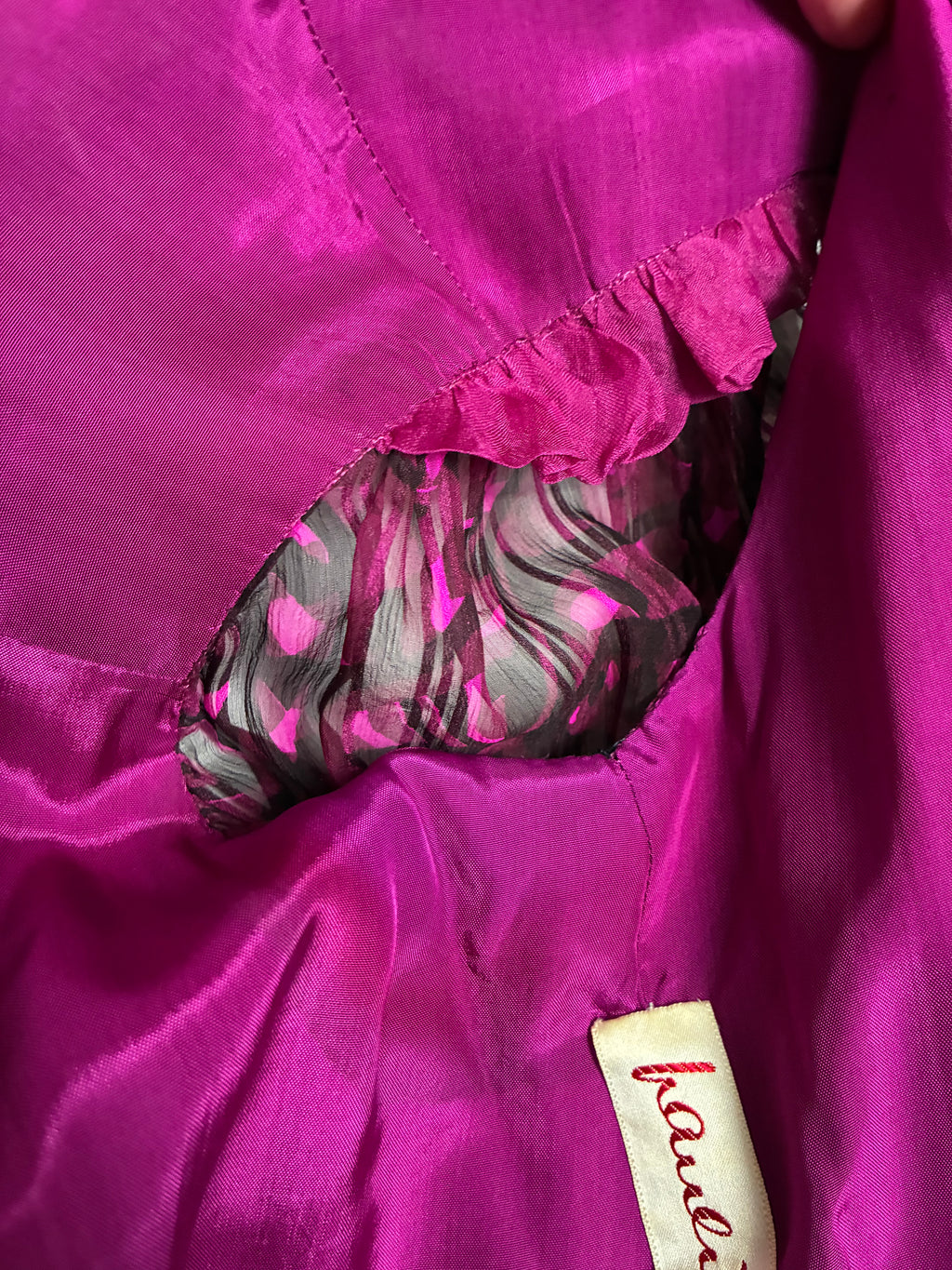 Archival Pauline Trigère for I. Magnin Magenta Paisley Pleated Midi Dress