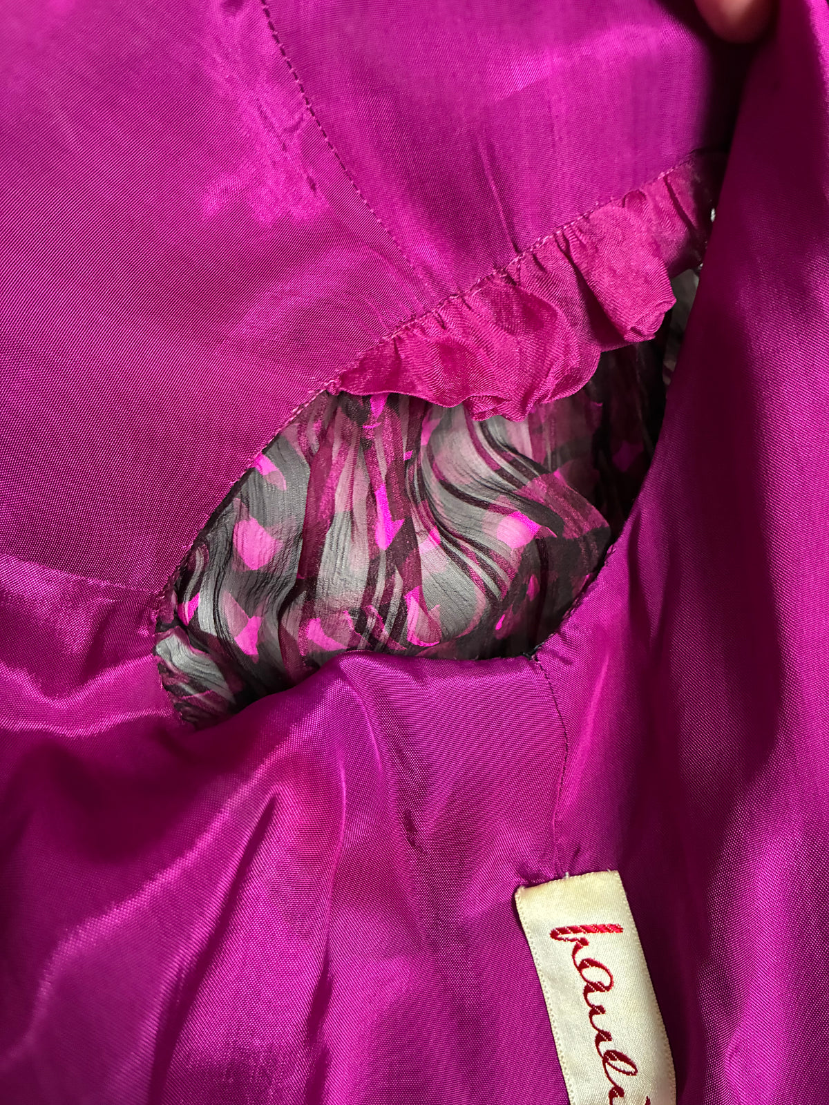Archival Pauline Trigère for I. Magnin Magenta Paisley Pleated Midi Dress