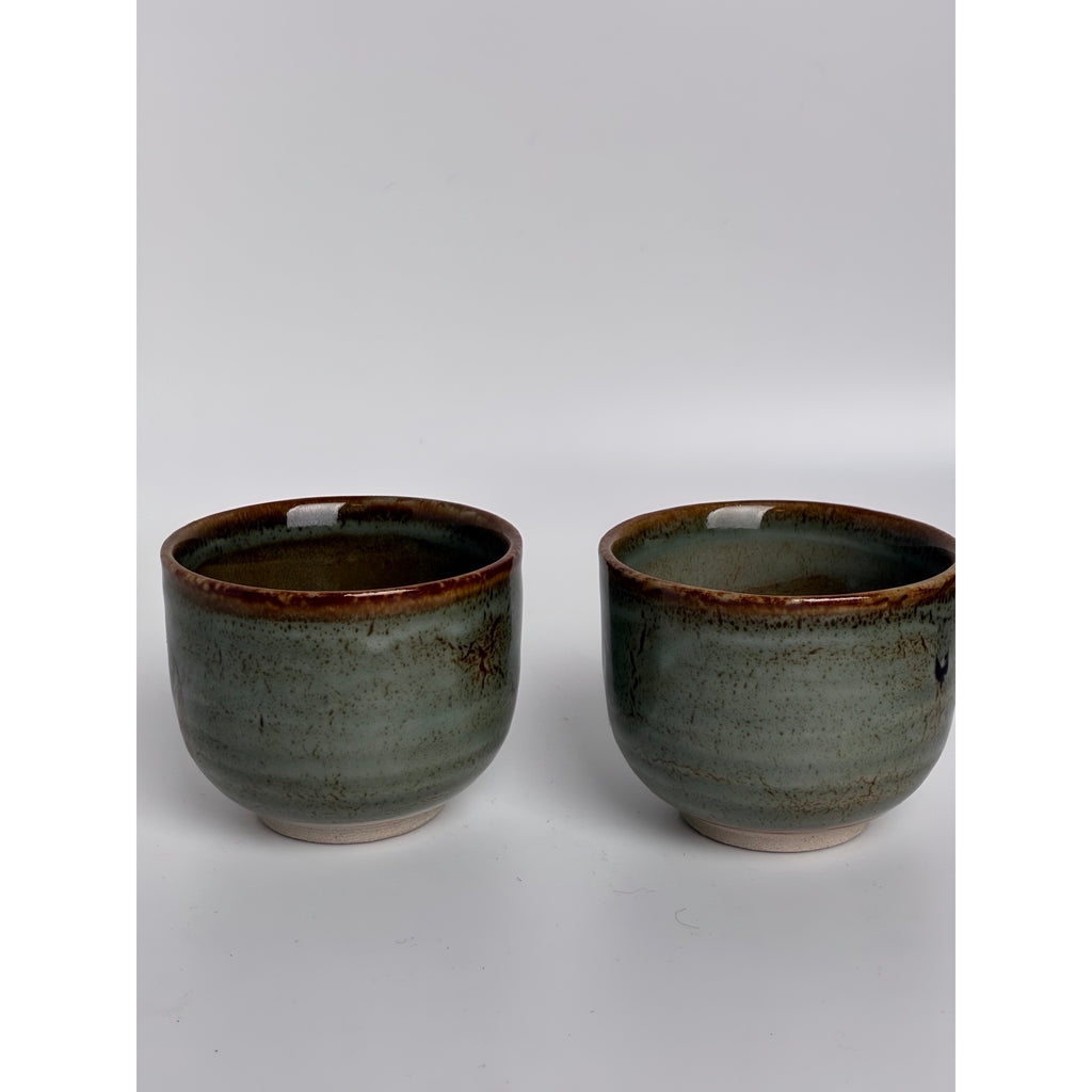 Vintage Japanese Studio Pottery Yunomi Tea Cups Pair in Wooden Box – Signed
