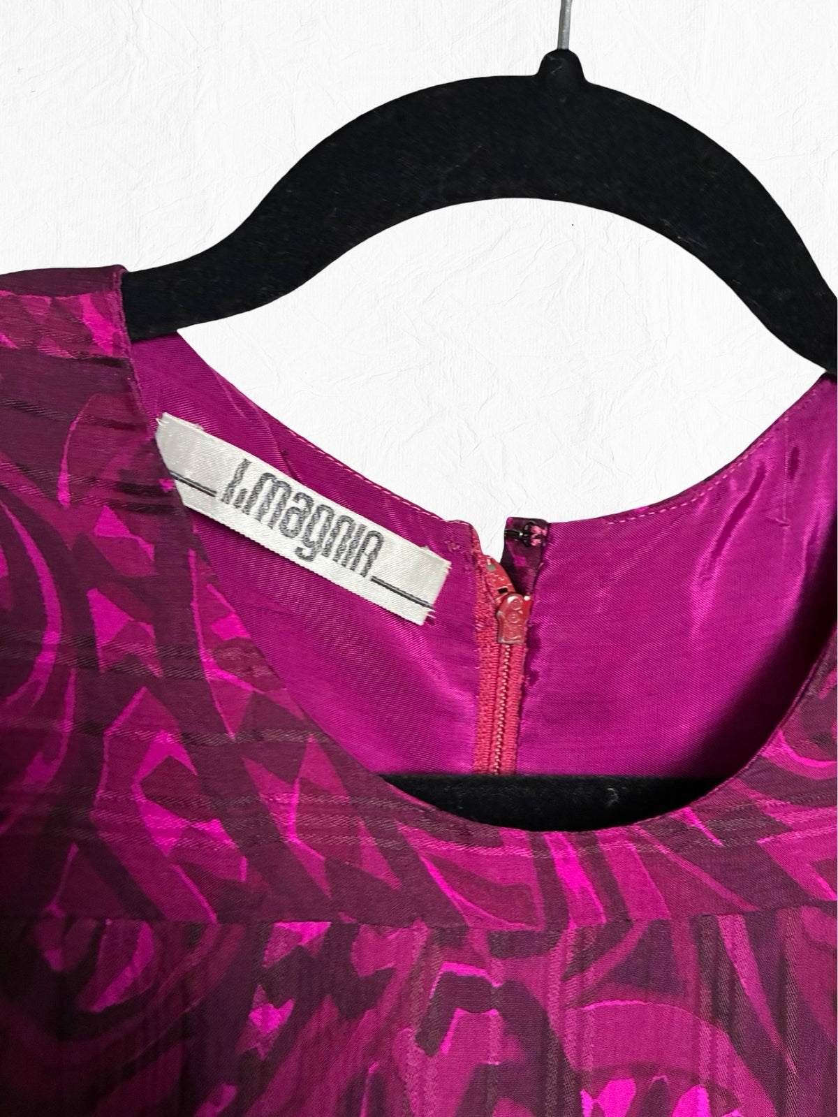 Archival Pauline Trigère for I. Magnin Magenta Paisley Pleated Midi Dress