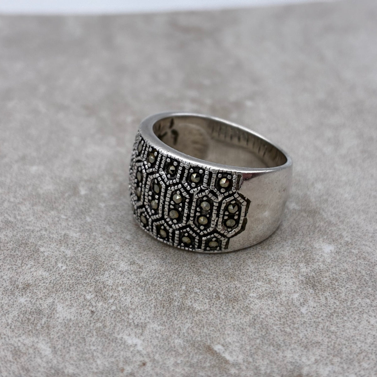 Sterling Marcasite-Encrusted Bold Band Ring — Size 7.25